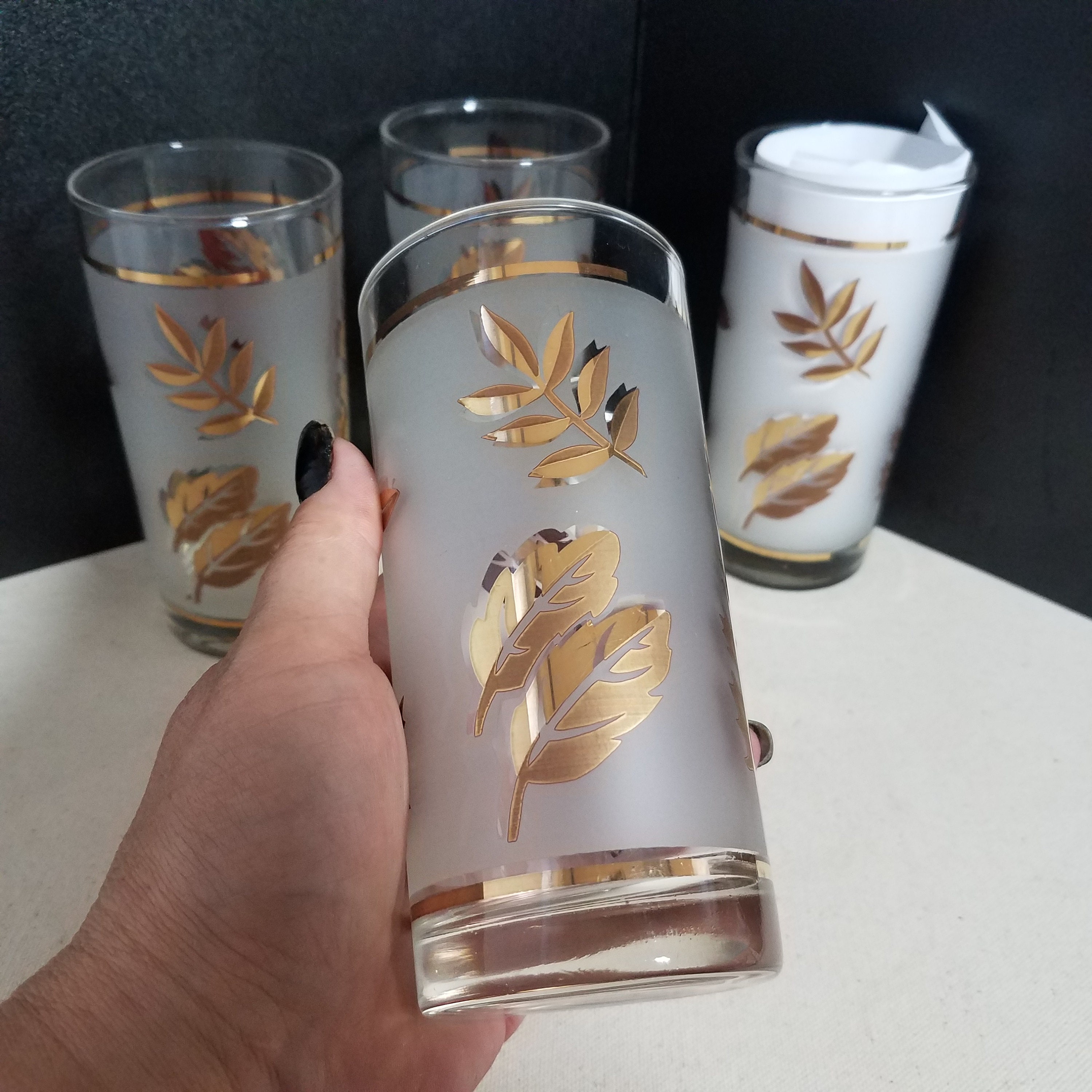 Set of 4 Frosted Gold Leaf Glasses MCM 1960s Tom Collins Etsy