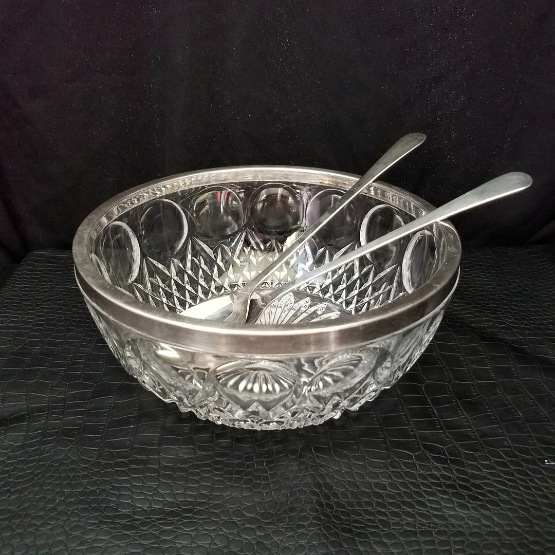Vintage Lead Crystal Salad Bowl With Silver Plated Rim and Silver