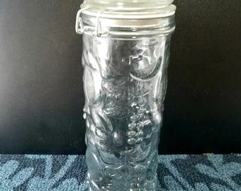 10 Inch Clear Glass Apothecary Jar, with Bail Lid, Raised Fruit Design, Glass Pasta Jar with Wire Clasp