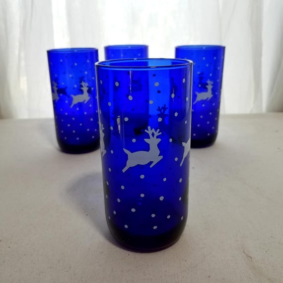 Set of 4, Cobalt Blue Reindeer Tumblers, 16 Ounce Cobalt Drinking Glass,  Christmas Glassware