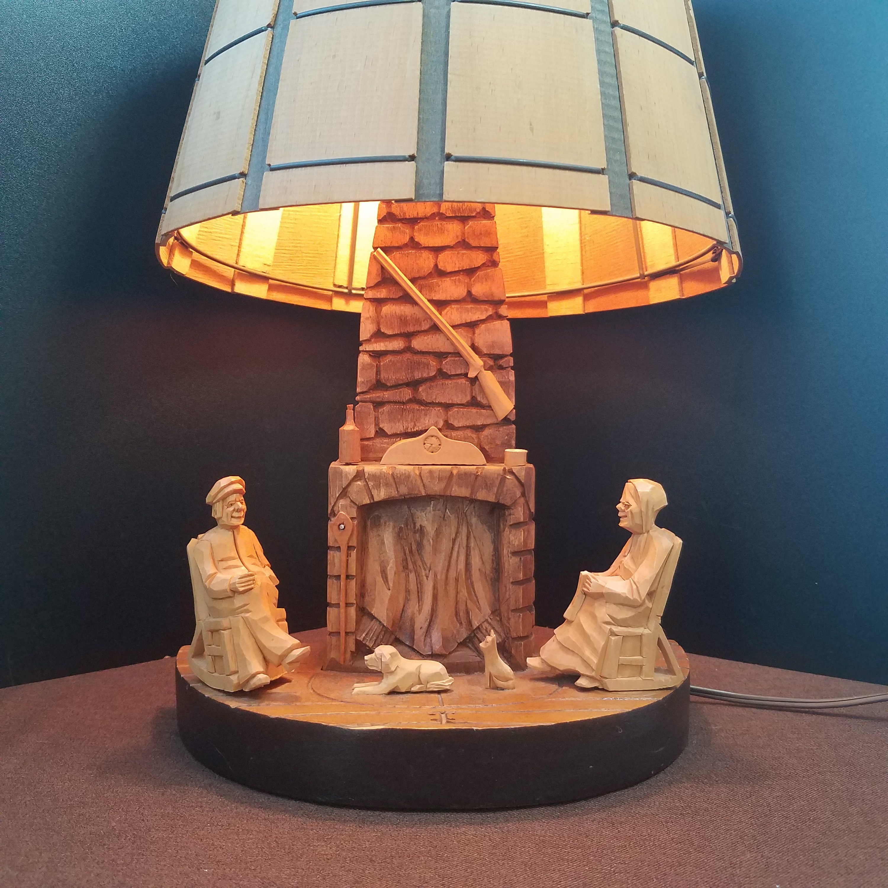 Vintage Hand Carved Folk Art Table Lamp With Hand Made Shade