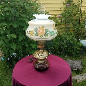 1970&#39;s Retro Large Hurricane Lamp, 2 Available, 3 Way Bulb,  Hand Painted Parlor Lamp, REDUCED Shipping Available