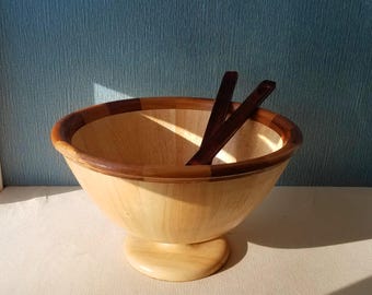 Oversized Wooden 14 Inch Pedestal Fruit or Salad Bowl, Includes Utensils, Pedestal Centerpiece Bowl, Clay Art Wooden Bowl