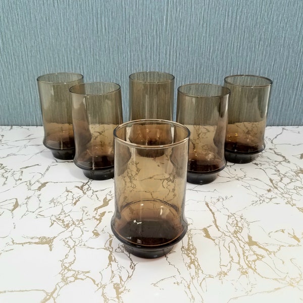 Retro Set Of 6, Smokey Brown Tumblers, 16 Oz Libbey Tawny Impromptu Drinking Glasses, Vintage Glassware