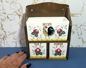 Vintage Ceramic Recipe Holder and Salt and Pepper Shakers, Shelf Cubby, 1950's Kitchen Wall Holder, Vcagco Ceramics, Japan