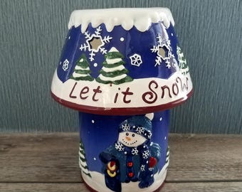 Let It Snow Snowman Jar Candle Shade With Base,  2 Piece Ceramic Candle Shade With Candle Holder