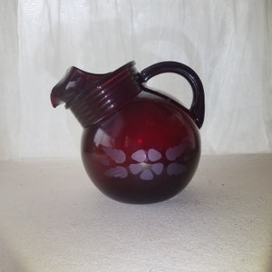 Vintage Etched Ruby Red Tilted Ball Pitcher, 1 Quart, Etched Floral Design, Anchor Hocking Royal Ruby Roly Poly Pitcher