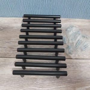 Set of 10, Black Drawer Pulls, 3.75 Inch Hole Spacing, 5.25 Inch Long,  Powder Coat Black Cabinet Handles, Euro Style Bar Handle Pull