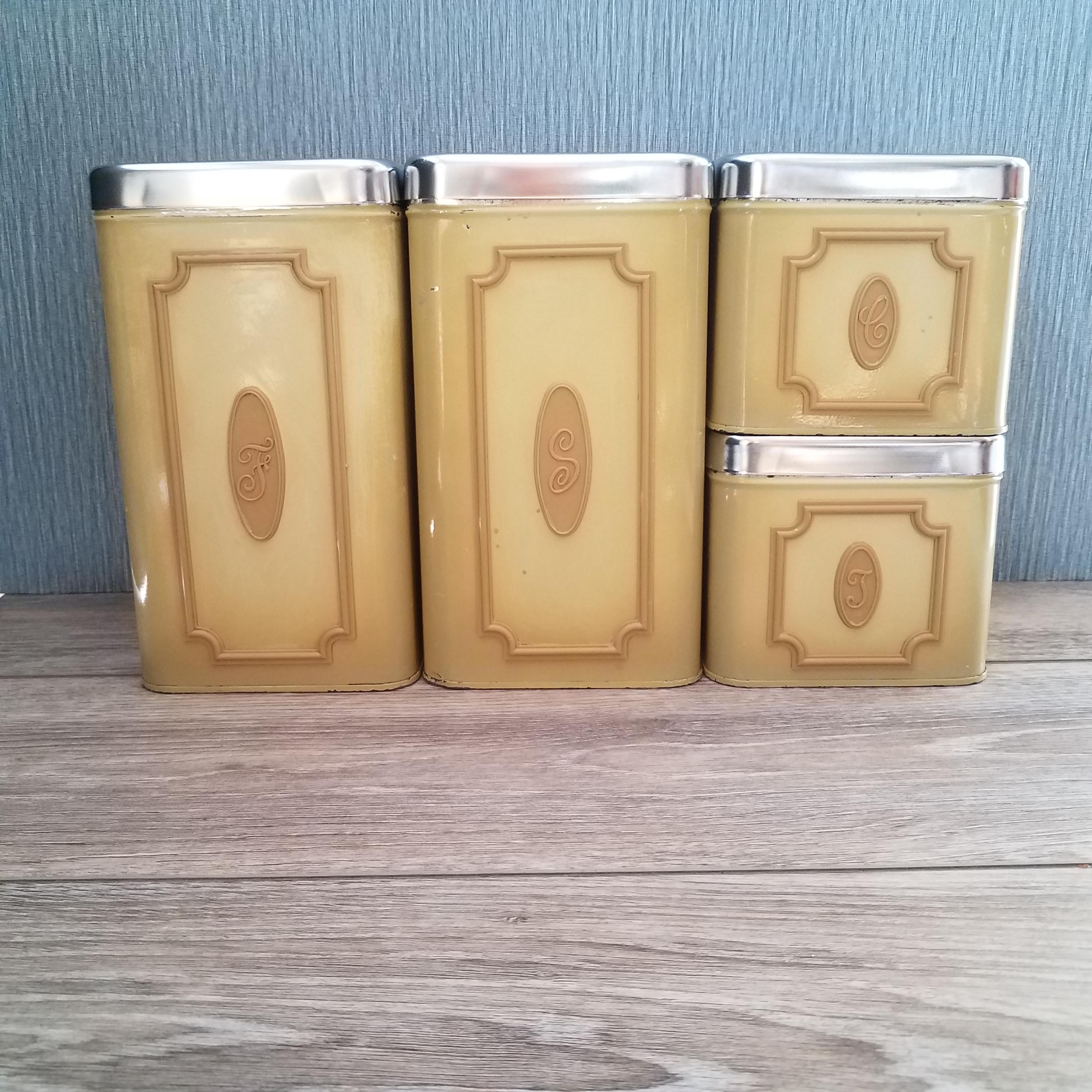 ヴィンテージ1970年代 EKCO カナダ製キャニスター&ブレッドケースセット Vintage Ecko Canette Harvest Gold Canister Set, Retro 70s Gold