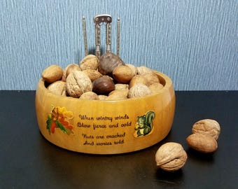 Vintage 1960's Hand Turned Cherry Wood Nut Bowl with Cute Squirrel and Fall Nuts
