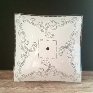 Retro 11.5 Inch Square Ceiling Fixture Shade, Hollywood Regency Scroll Pattern Diffuser Shade,  White, Down Rod