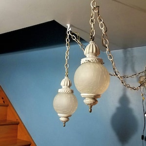 Vintage 70&#39;s Double Swag Hanging Light Fixture, Crackle Glass Globe Swag Light, Moe Lighting Swag Lamp