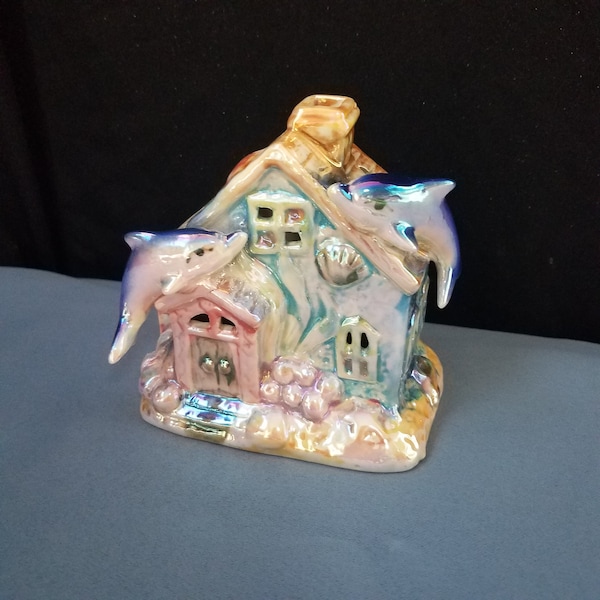 Whimsical Iridescent Under the Sea House With Dolphins Tealight Holder, Seaside Tealite Holder