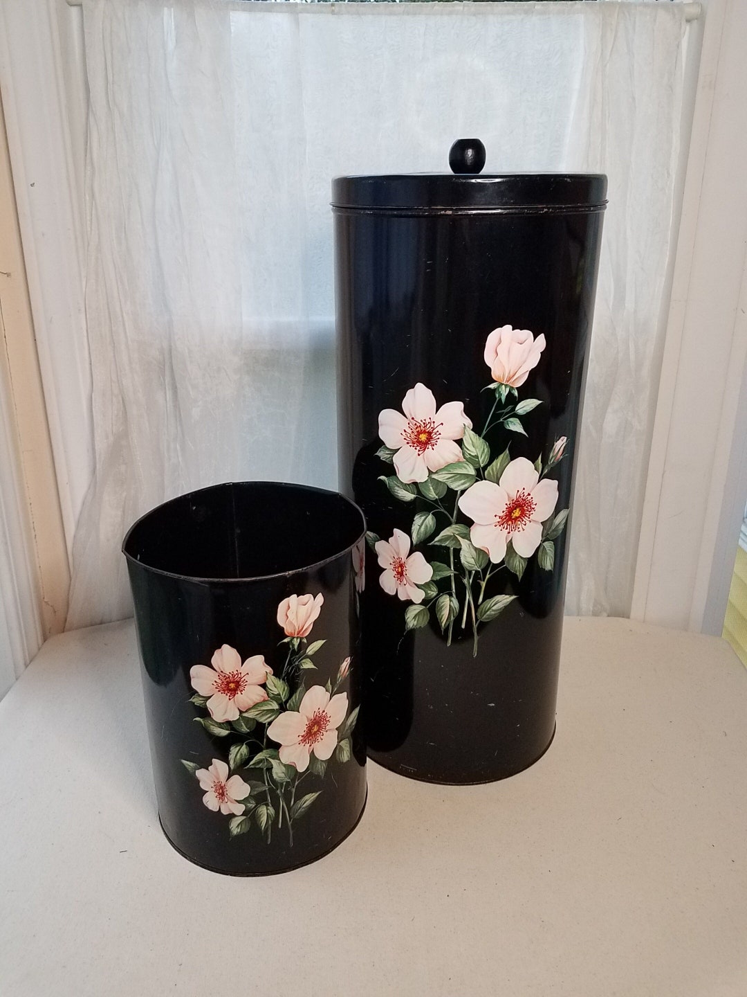 Vintage Black Metal Waste Basket and Lingerie Hamper Set, Black With