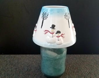 Holiday Snowman and Snowlady Jar Candle Shade,  Whimsical Winter Ceramic Candle Topper