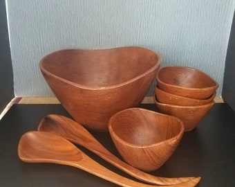 Vintage Large Teak Salad Bowl Set, 11.5 Inch Salad Serving Bowl with 4 Salad Bowls and Utensils