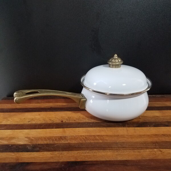 Small Enamelware Saucepan with Brass Handle and Knob,  1 Quart White Enamelware Saucepan