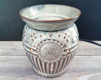 Scentsy Charlemagne Faded Denim Wax Warmer, Blue and Brown Fleur De Lis Wax Warmer