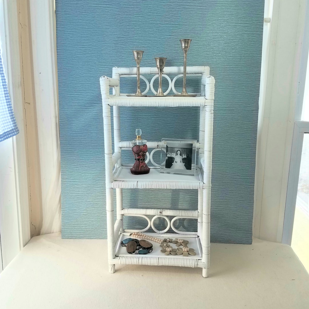 Vintage White Wicker Hanging Wall Shelf, Wicker Bathroom Shelf, 3 Tier