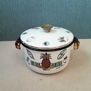 Vintage Georges Briard Enamelware Saucepan, 1950's Tiki Ambrosia Enamel Sauce Pot
