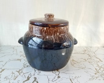 Vintage Kathy Kale Brown Drip Bean Pot, Retro Stoneware Crock, Double Handled Bean Pot