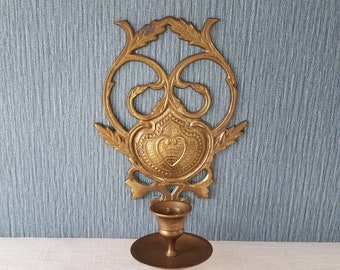 Vintage Brass Candle Sconce, Brass Wall Candle Holder, Heraldic Candle Sconce