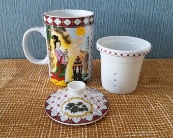 3 Piece Tea Infuser Mug With Lid, Japanese Lady Porcelain Leaf Tea Infuser Mug, Like New