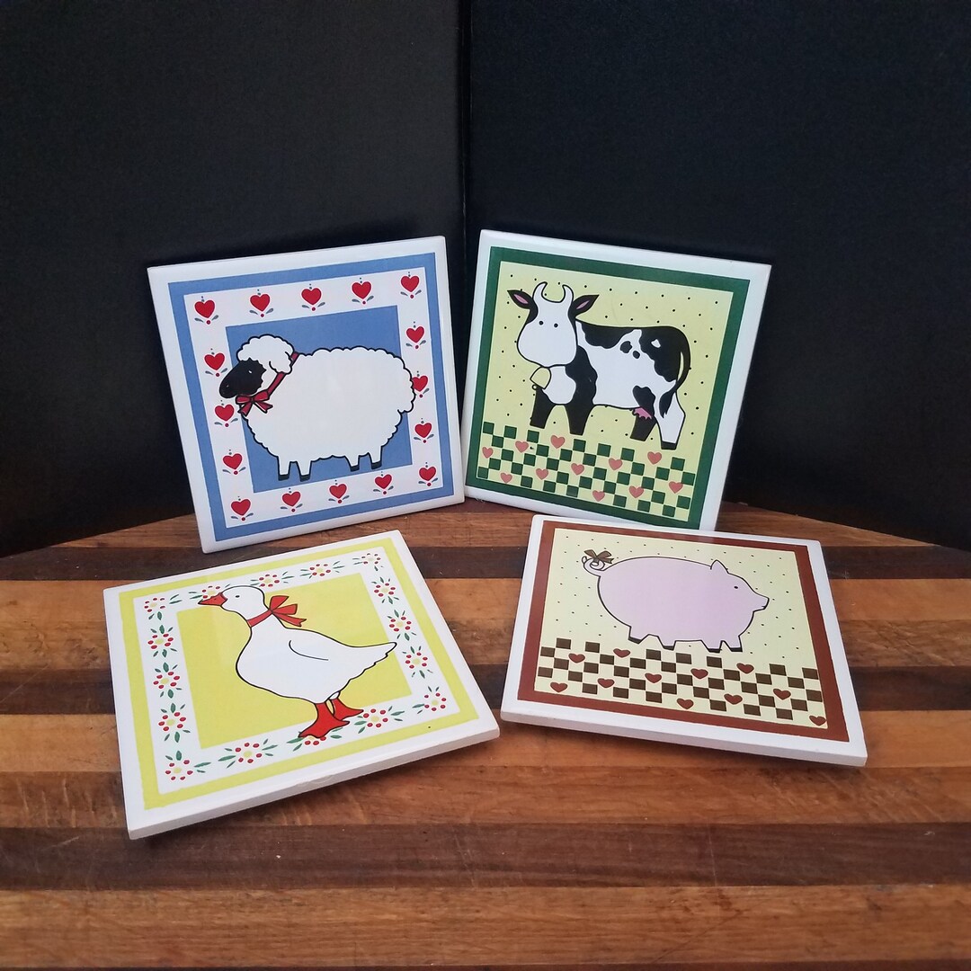 Set of 4 Vintage Barnyard Animals Coaster/trivet Set Farm Etsy