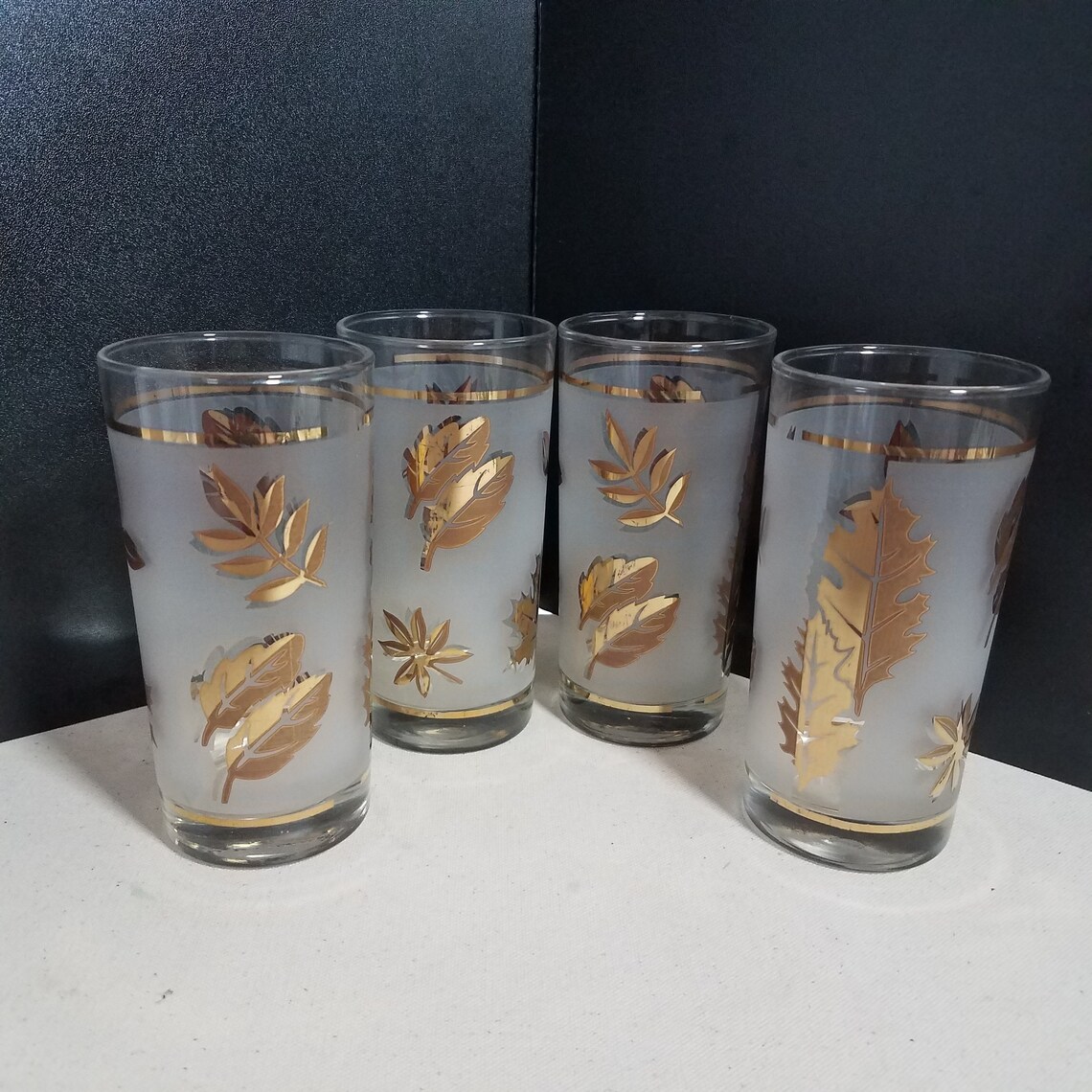 Set of 4 Frosted Gold Leaf Glasses MCM 1960s Tom Collins Etsy