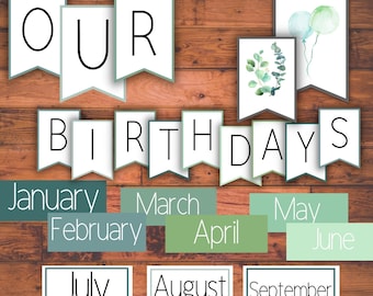 Birthday Wall Classroom Decor, Birthday Banner, Birthday Bunting, Eucalyptus, Gum Tree, Calming Classroom Decor, Monthly Birthday display
