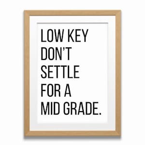 May include: A framed print with the text "LOW KEY DON'T SETTLE FOR A MID GRADE."