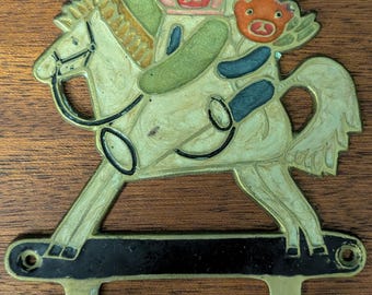 Vintage Enamel & Solid Brass Teddy Bear Rocking Horse Wall Hook