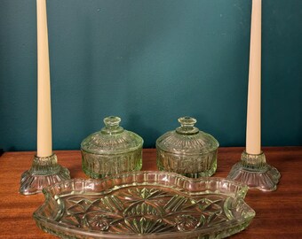 Vintage Green Pressed Glass Vanity Set - 5 Piece Art Deco Style