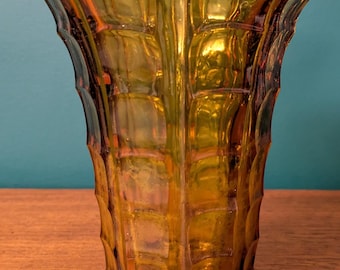 Vintage Amber Pressed Glass Vase – art deco Geometric Design