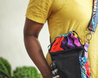 Water Bottle Bag with African Fabric Crossbody Strap: Recycled Fabric Travel Accessory