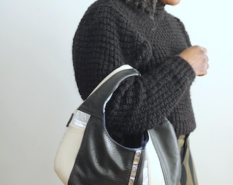 Black & White Leather Patchwork Bag – Recycled Luxury Materials - Unique Indigo Details