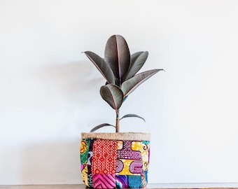 Patchwork African Print Plant Pot Holder: Upcycled Fabric Hessian Planter
