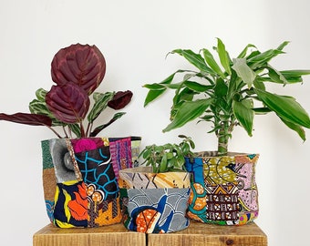 African Print Plant Pot Holder | Upcycled Hessian Coffee Sack Storage Basket