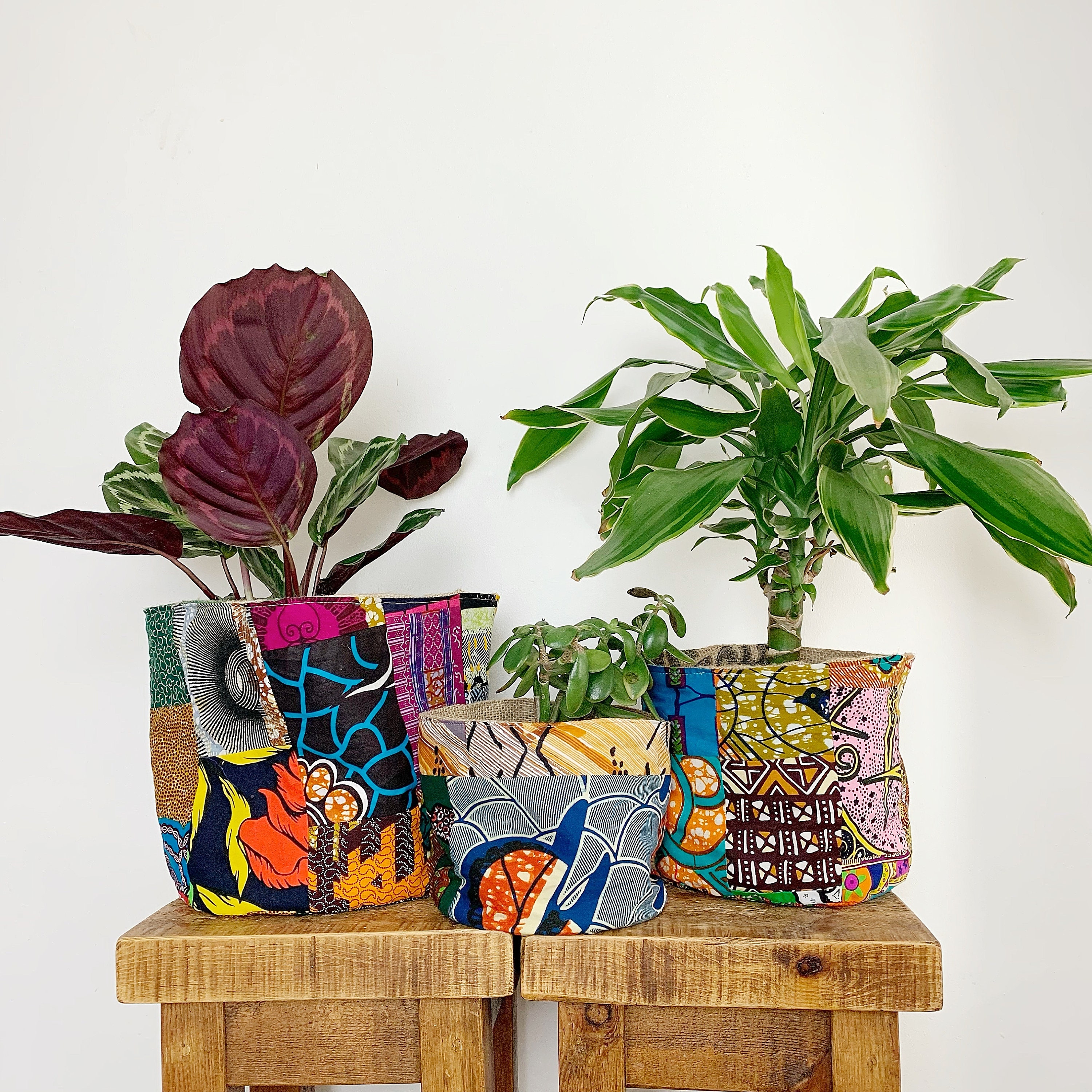 African Print Plant Pot Holder | Upcycled Hessian Coffee Sack