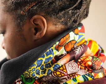 Patchwork African Print, Black Organic Cotton Fleece Snood - Ankara Fabric - Colourful Winter Scarf - African Print Neck Warmer