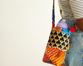 African Patchwork Water Bottle Holder with Crossbody Strap: Recycled Fabric Travel Accessory