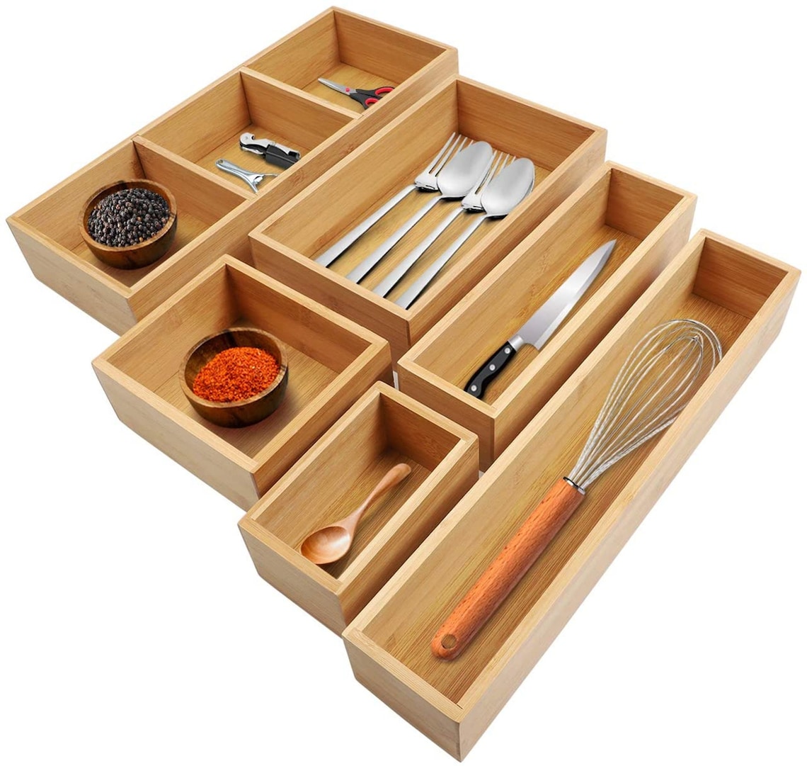 6Piece Bamboo Kitchen Drawer Organizer 8 Compartments Bamboo Etsy