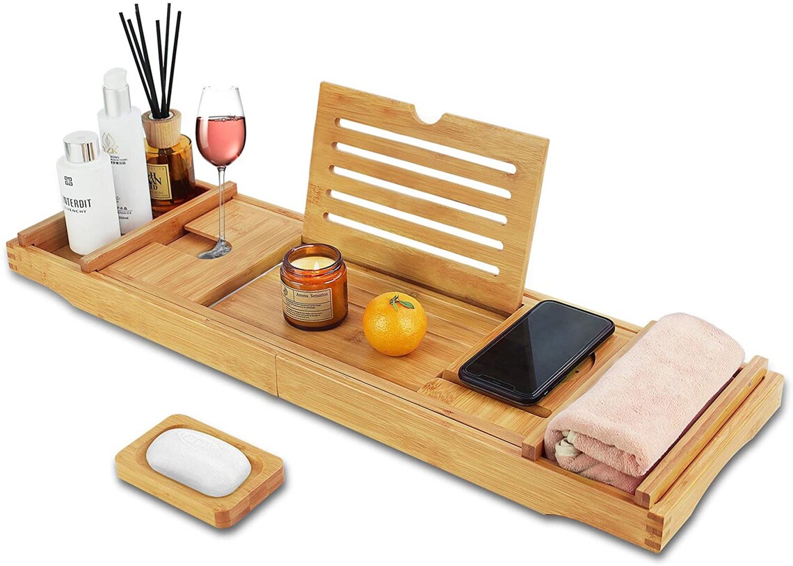 Luxury Bamboo Bathtub Caddy Tray Bamboo Bathroom Organizer ...