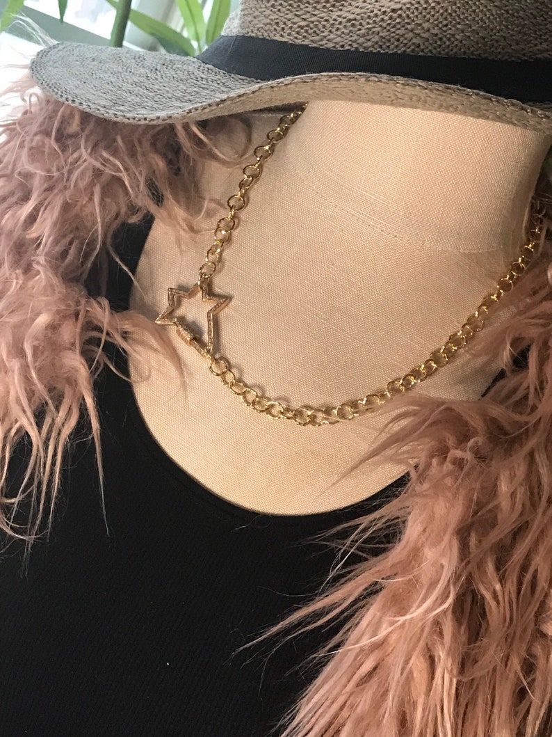 Gold copper chain with SS and genuine pave diamond star carabiner twist clasp.