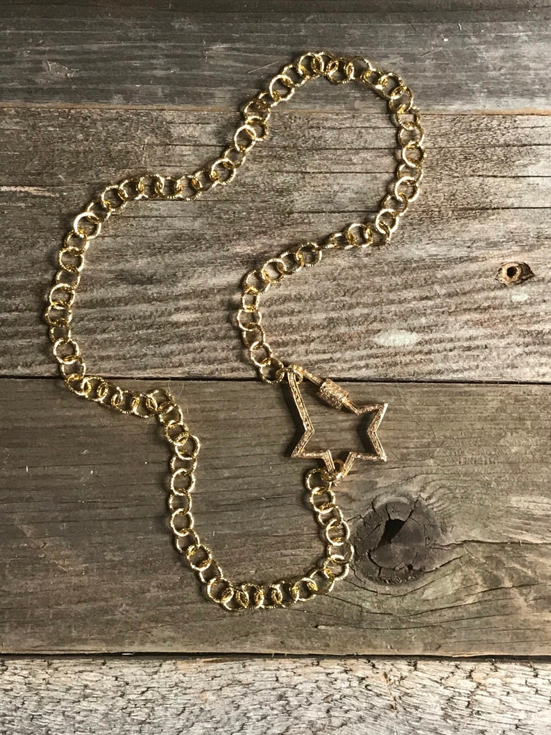 Gold copper chain with SS and genuine pave diamond star carabiner twist clasp.