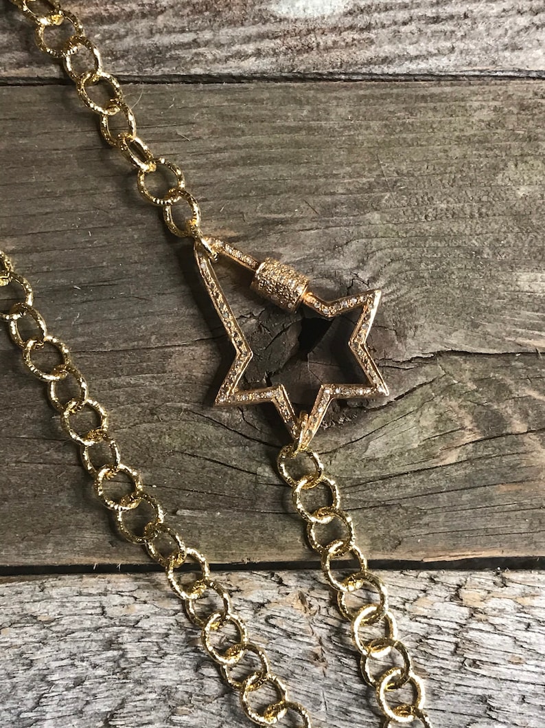 Gold copper chain with SS and genuine pave diamond star carabiner twist clasp.