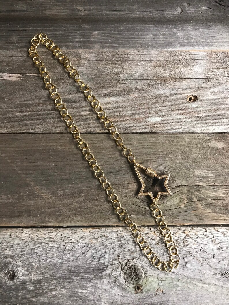 Gold copper chain with SS and genuine pave diamond star carabiner twist clasp.