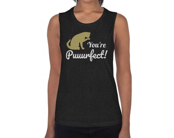 Ladies’ Muscle Tank, cat shirt, cat tank top, fun muscle tank, women's muscle tank, muscle tank top, beach tops, gym tops, gym clothes, gold