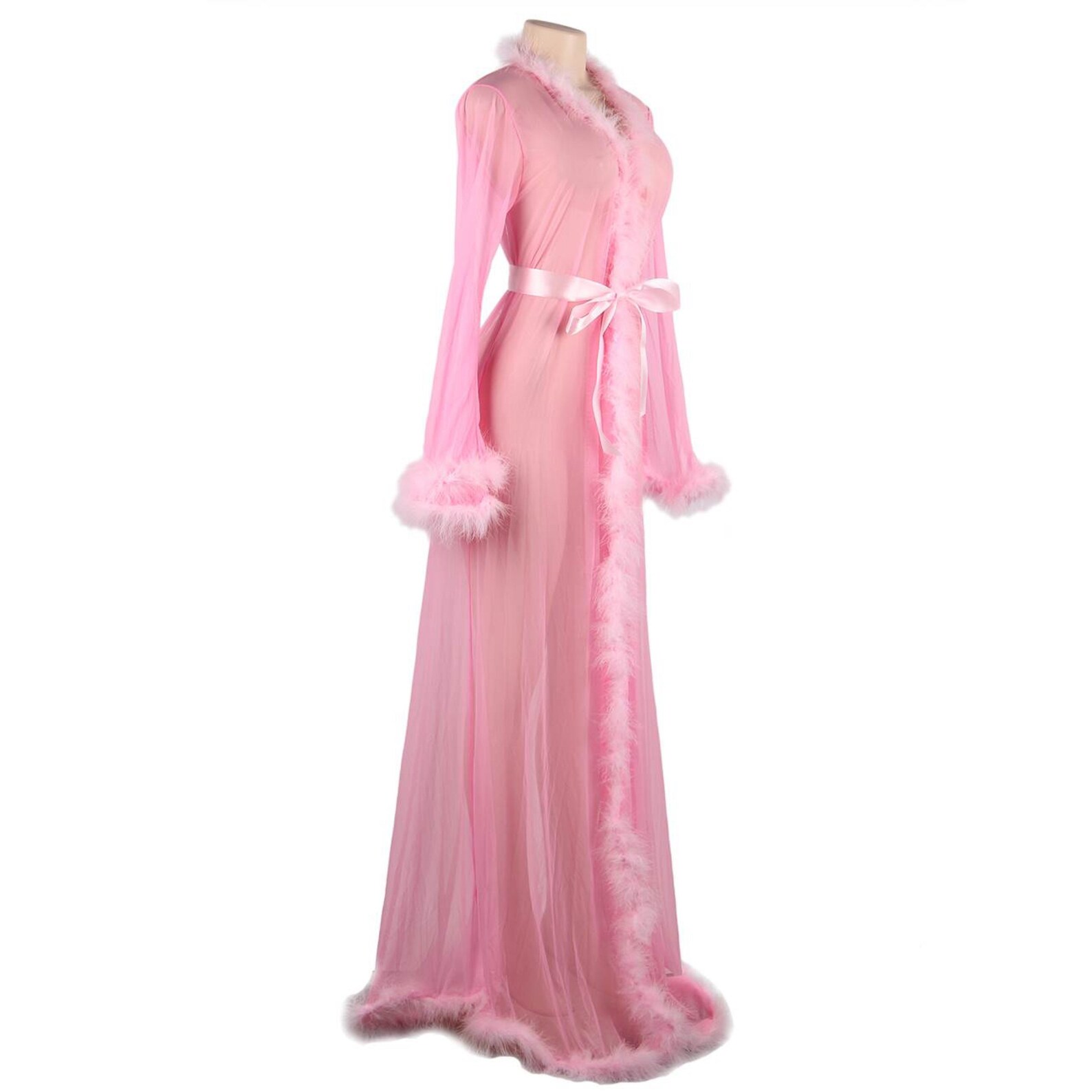 pink silk robe with feathers