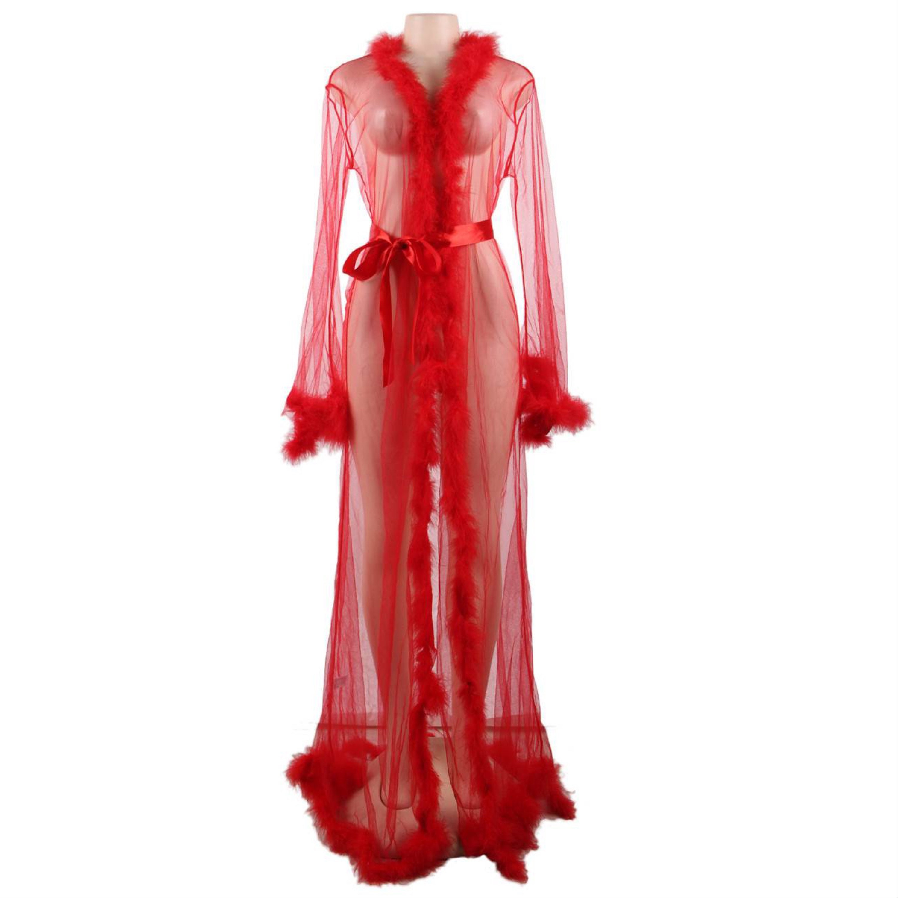 sheer robe with feather trim